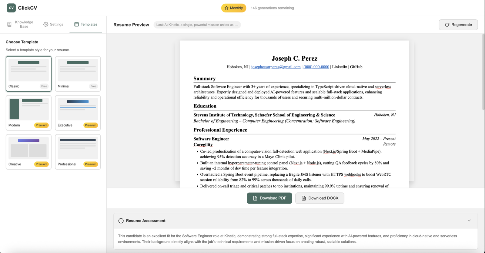 ClickCV side-by-side diff of resume changes